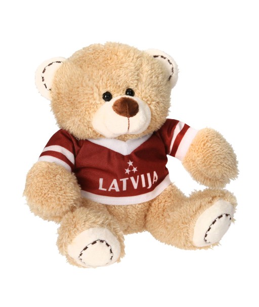 Mīksts plīša lācis ar Latvijas karoga krāsu kreklu